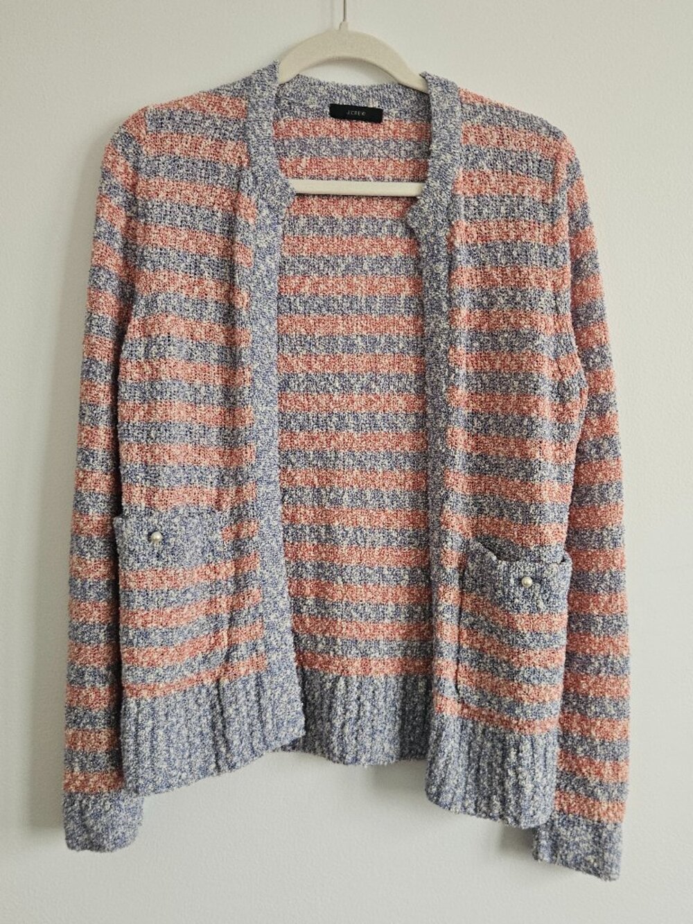 J. Crew S Small Knit Open Cardigan Striped Pink Blue Pearl Pockets Speckled